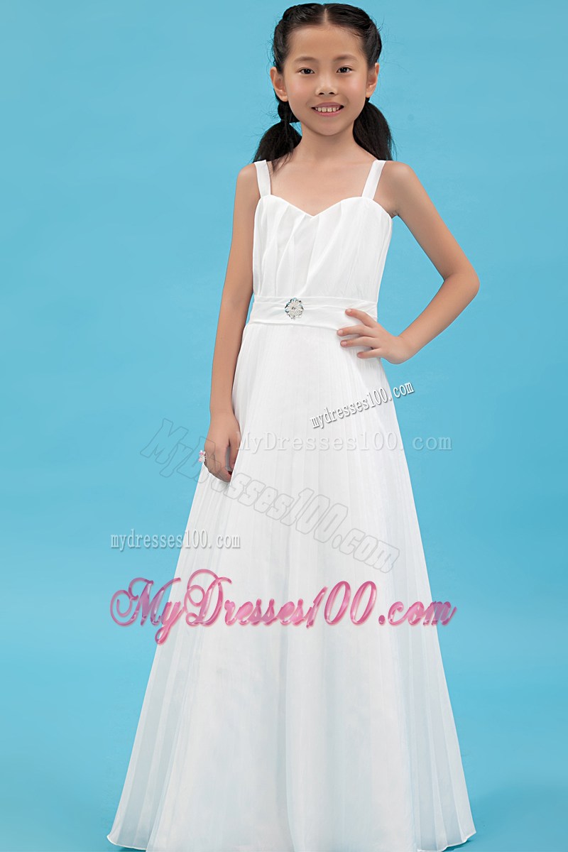 White Straps Floor-length Ruche and Hand Made Flowers Flower Girl Dress
