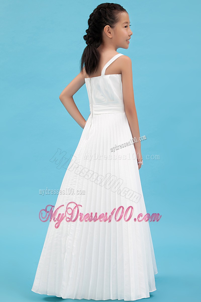 White Straps Floor-length Ruche and Hand Made Flowers Flower Girl Dress