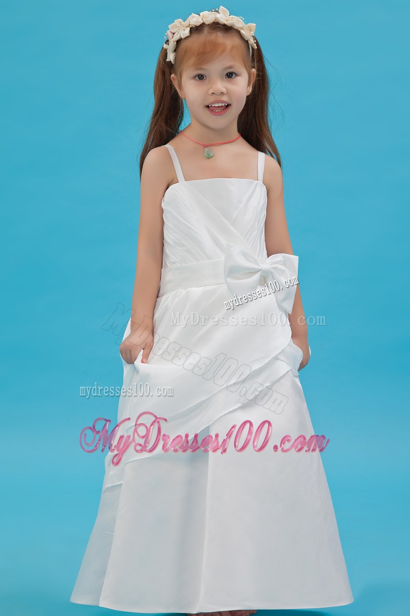 White Straps Floor-length Sash Flower Girl Dress