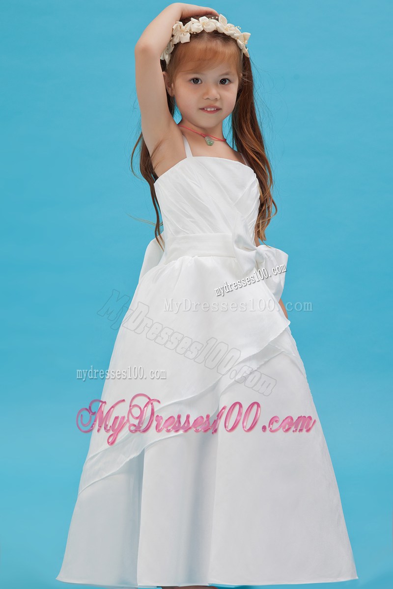 White Straps Floor-length Sash Flower Girl Dress