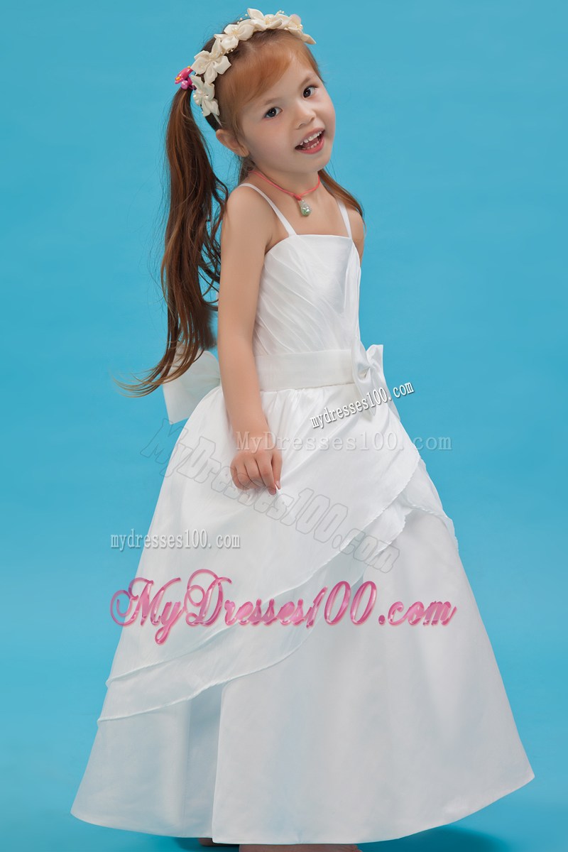 White Straps Floor-length Sash Flower Girl Dress