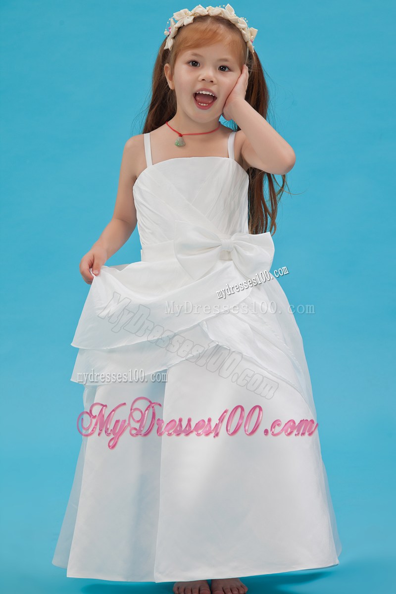 White Straps Floor-length Sash Flower Girl Dress