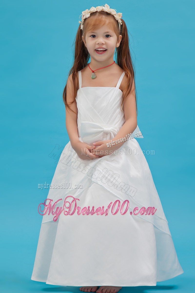 White Straps Floor-length Sash Flower Girl Dress