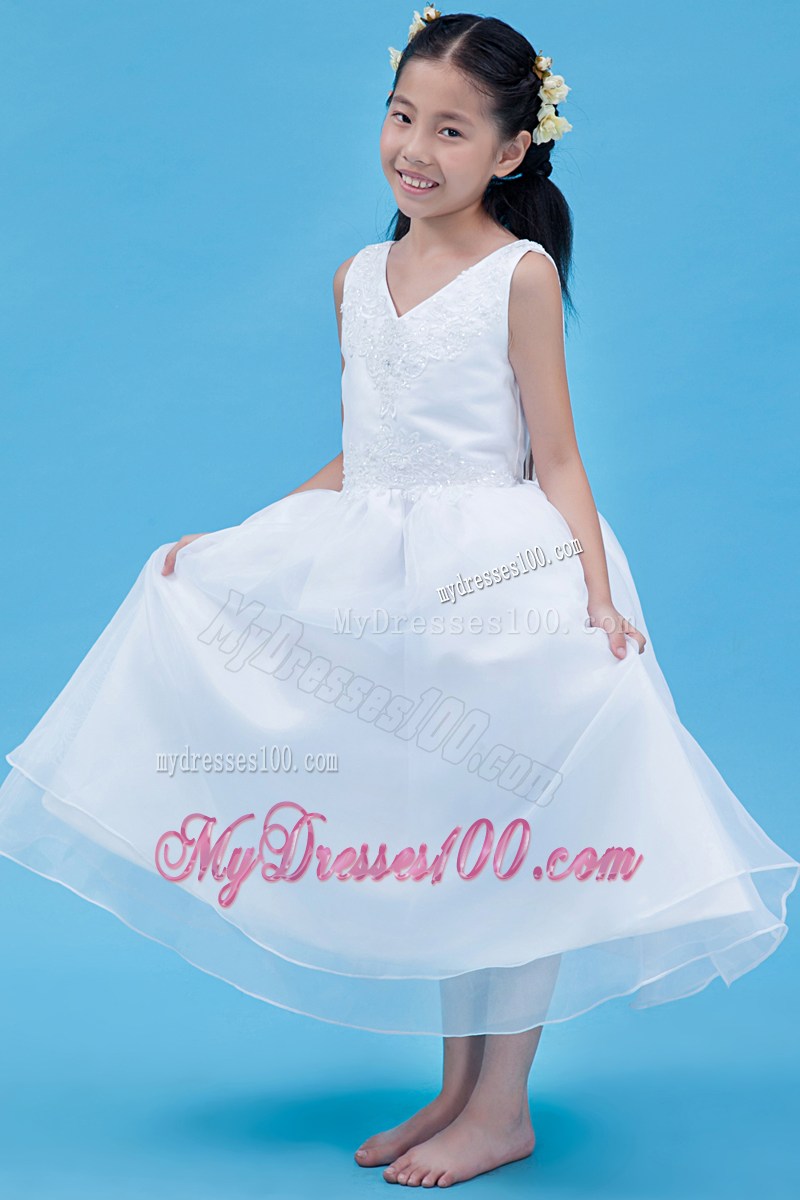 White V-neck Ankle-length Appliques Flower Girl Dress