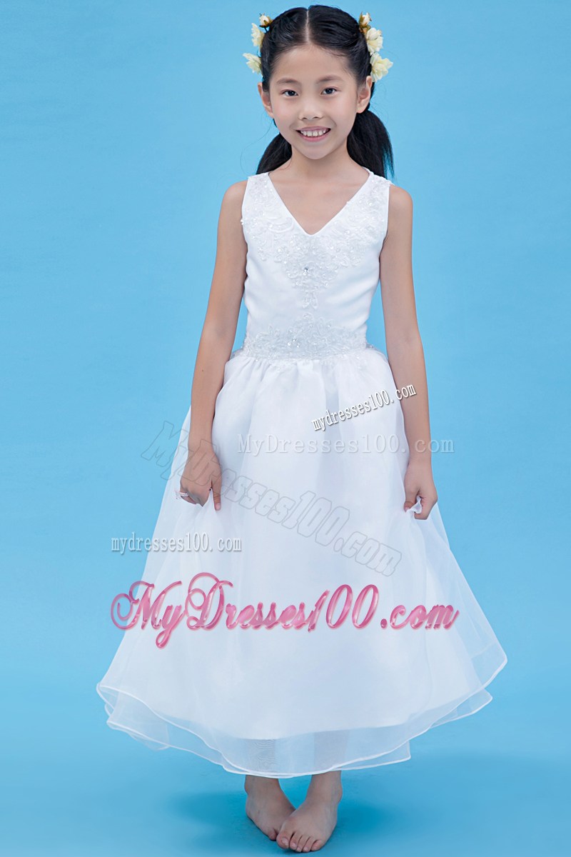White V-neck Ankle-length Appliques Flower Girl Dress