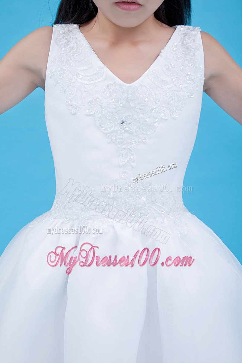 White V-neck Ankle-length Appliques Flower Girl Dress