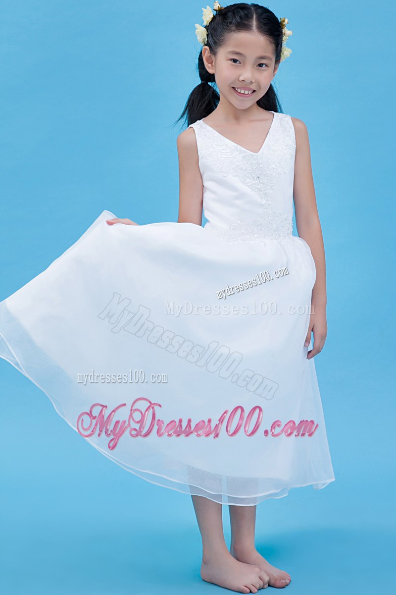 White V-neck Ankle-length Appliques Flower Girl Dress
