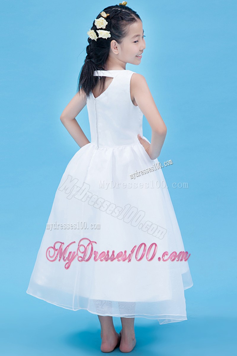 White V-neck Ankle-length Appliques Flower Girl Dress