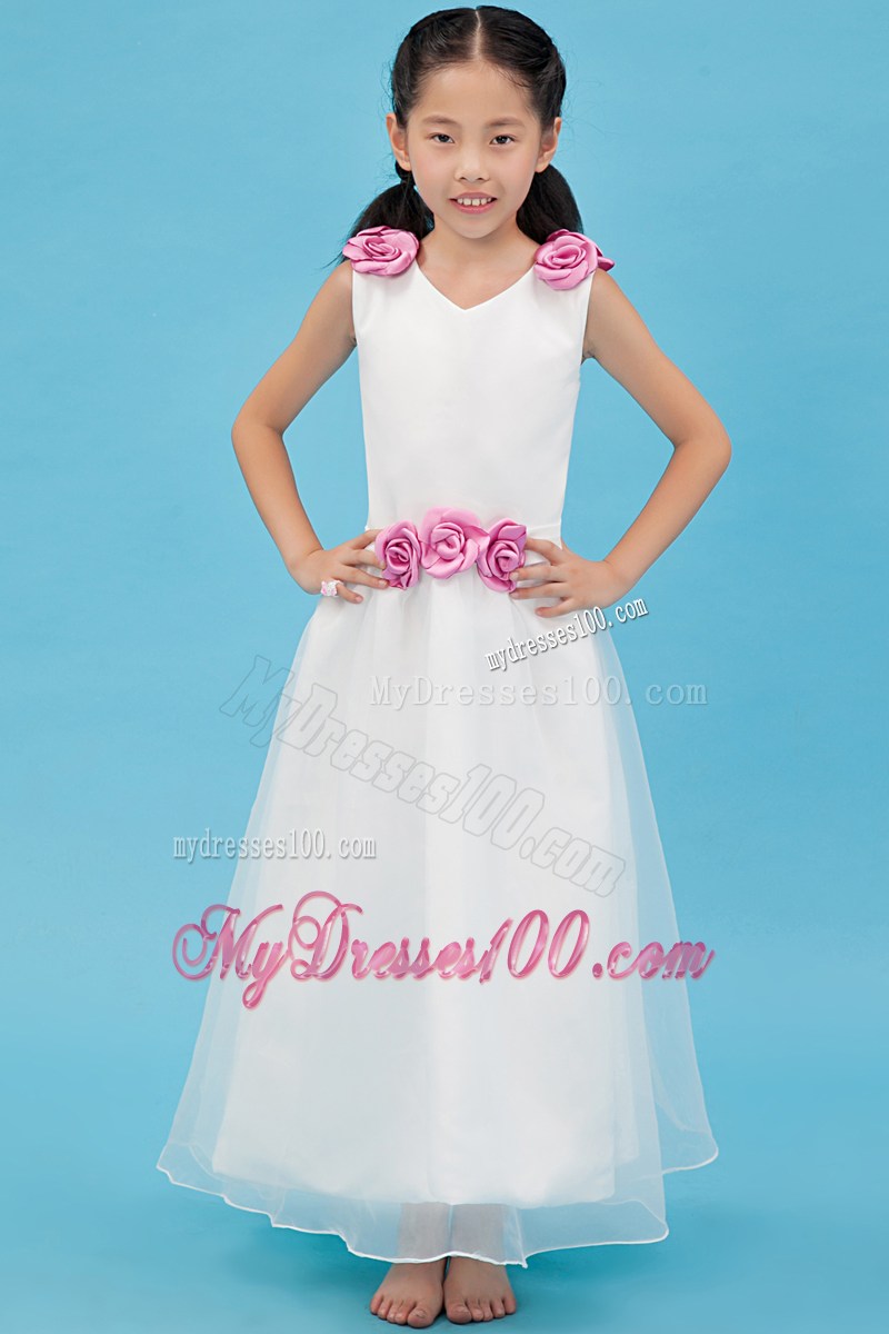 White V-neck Ankle-length Hand Made Flowers Flower Girl Dress