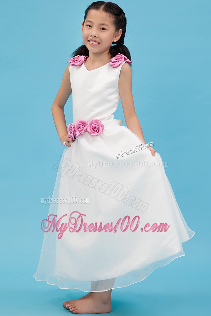 White V-neck Ankle-length Hand Made Flowers Flower Girl Dress