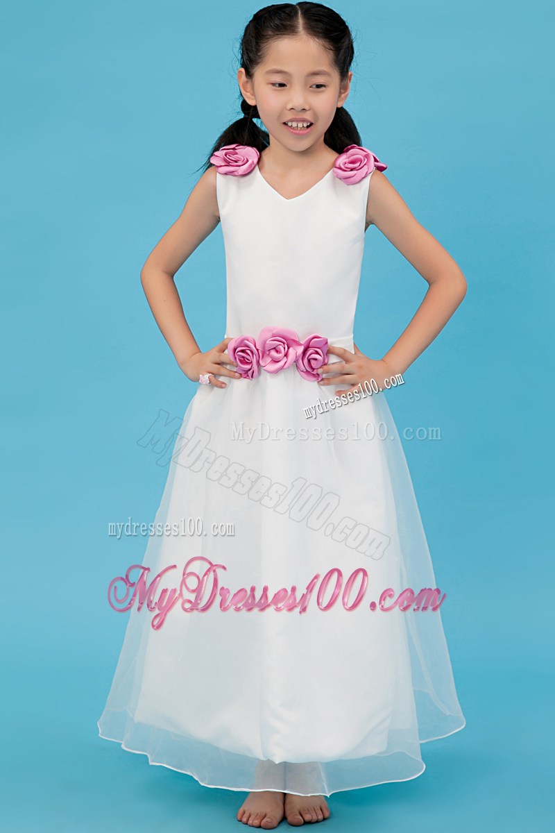 White V-neck Ankle-length Hand Made Flowers Flower Girl Dress