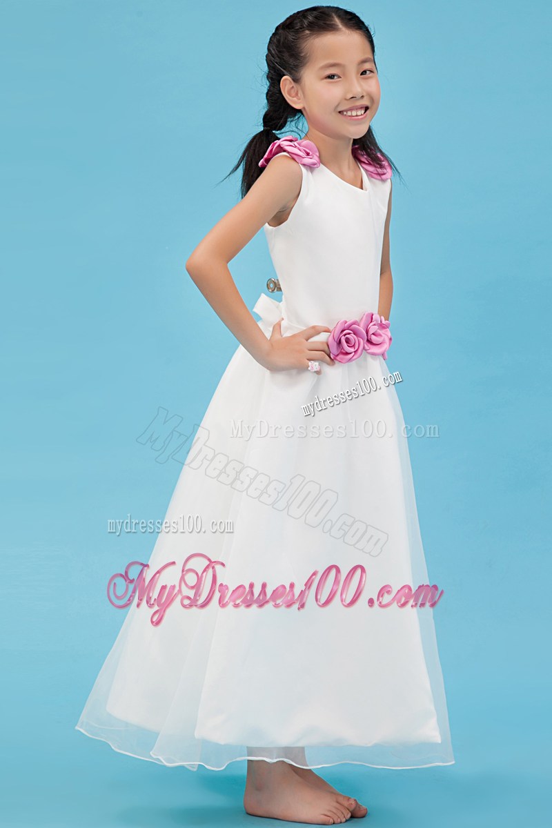 White V-neck Ankle-length Hand Made Flowers Flower Girl Dress