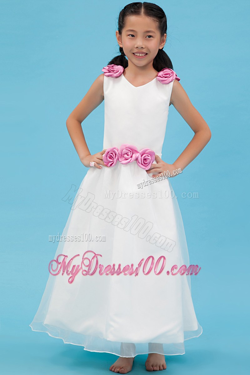 White V-neck Ankle-length Hand Made Flowers Flower Girl Dress
