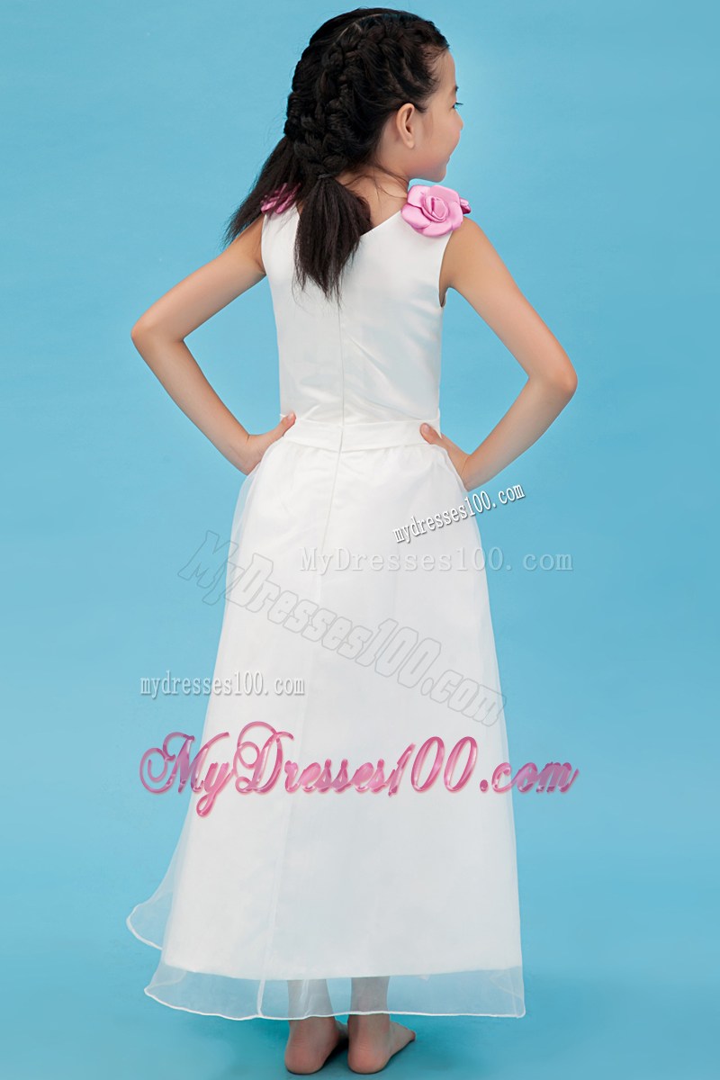 White V-neck Ankle-length Hand Made Flowers Flower Girl Dress