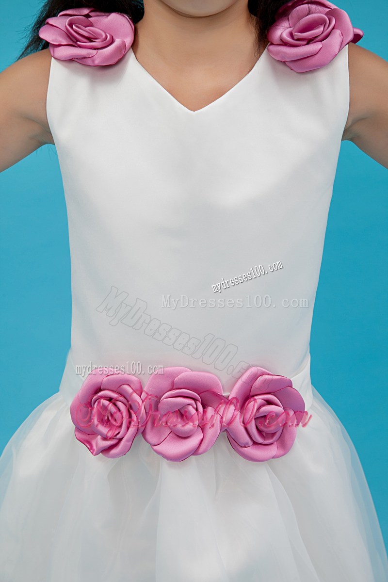 White V-neck Ankle-length Hand Made Flowers Flower Girl Dress