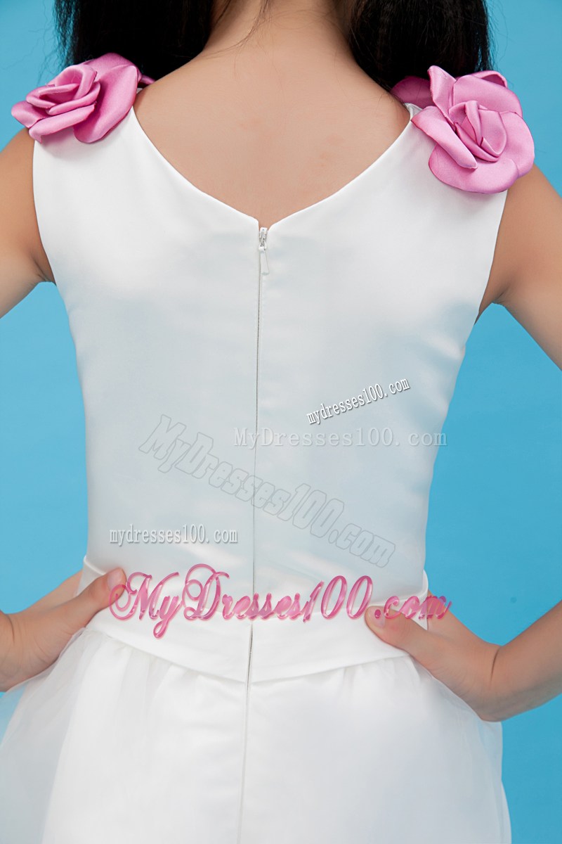 White V-neck Ankle-length Hand Made Flowers Flower Girl Dress