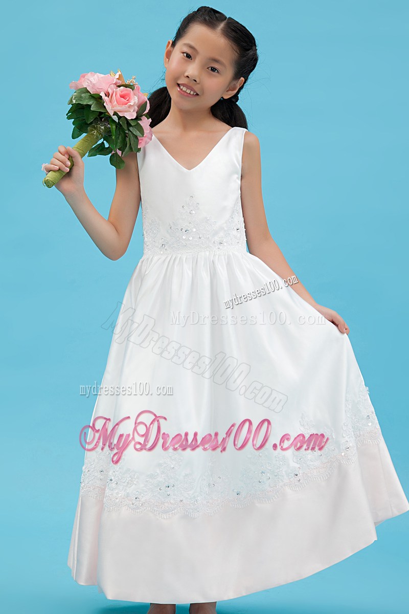 White V-neck Ankle-length Appliques Flower Girl Dress