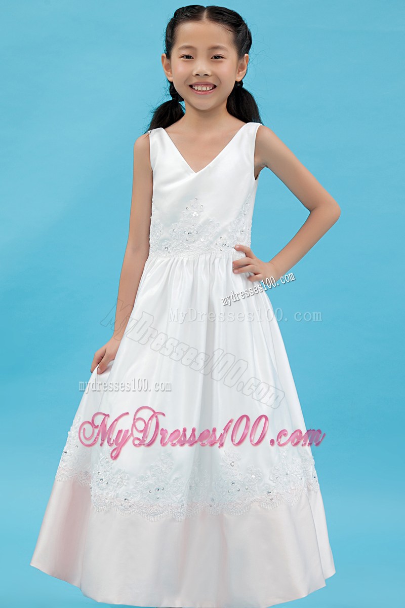 White V-neck Ankle-length Appliques Flower Girl Dress