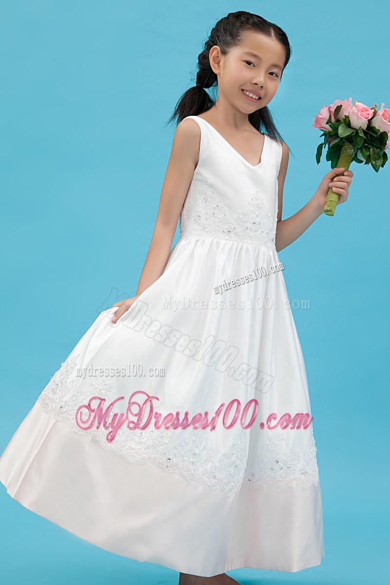 White V-neck Ankle-length Appliques Flower Girl Dress