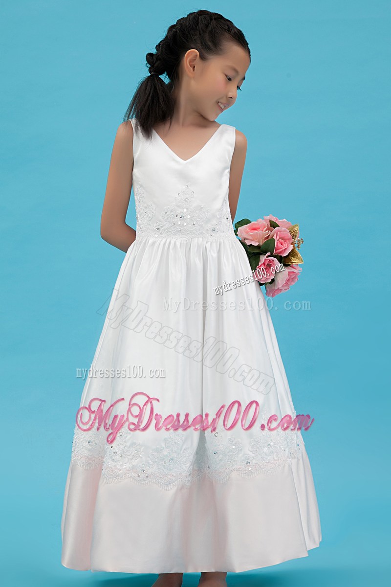 White V-neck Ankle-length Appliques Flower Girl Dress
