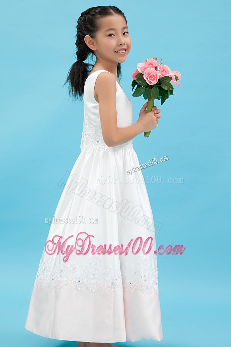 White V-neck Ankle-length Appliques Flower Girl Dress