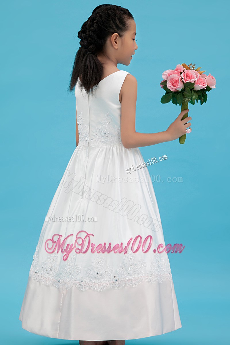 White V-neck Ankle-length Appliques Flower Girl Dress