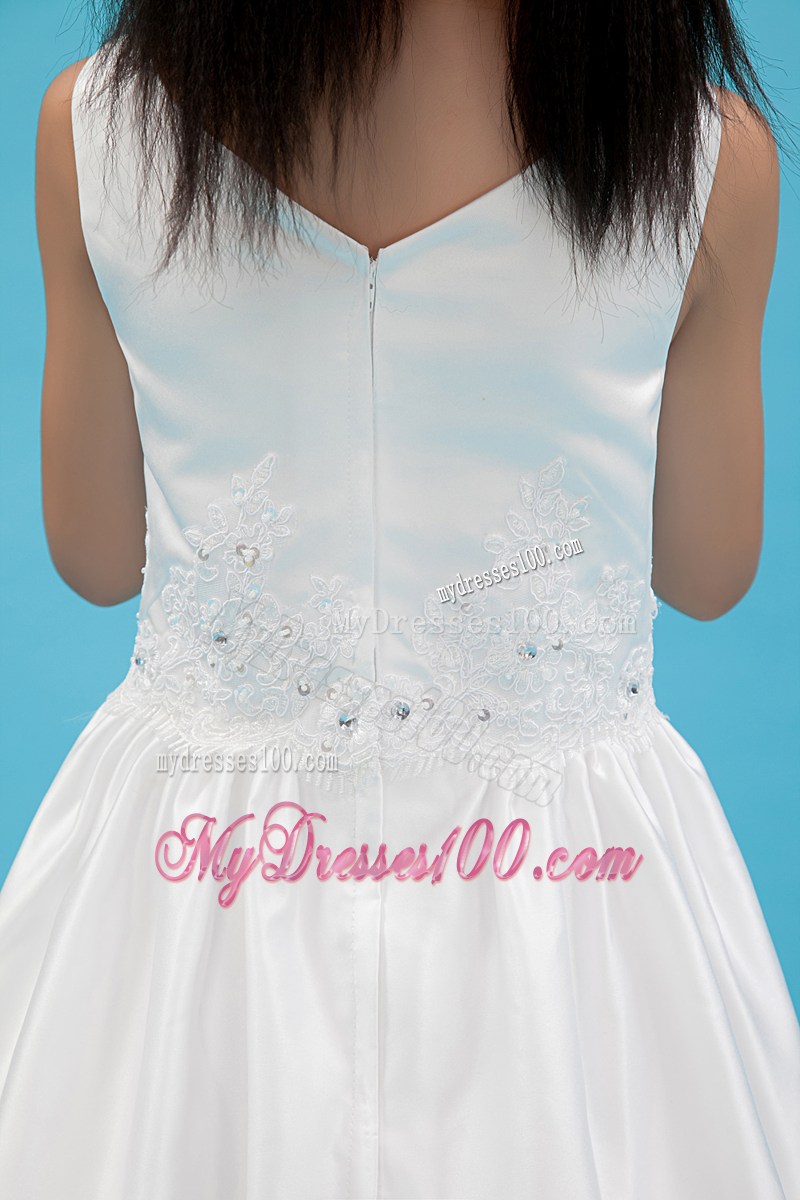 White V-neck Ankle-length Appliques Flower Girl Dress