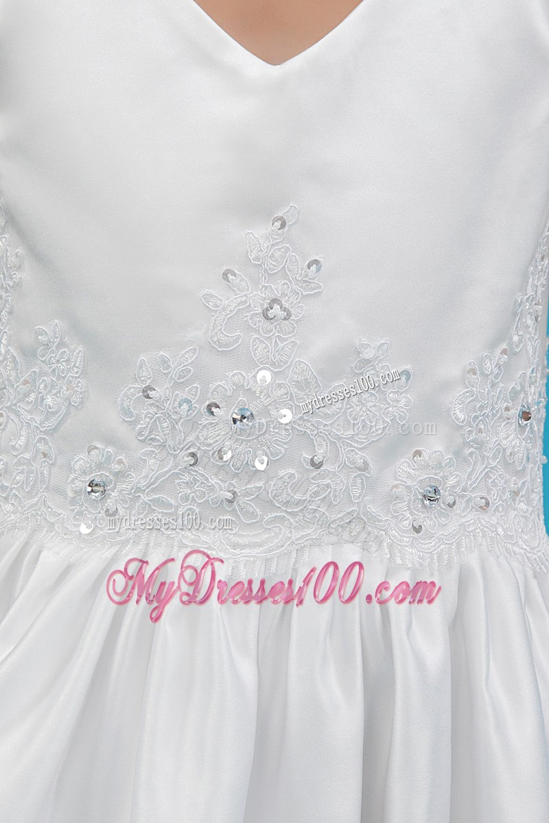 White V-neck Ankle-length Appliques Flower Girl Dress