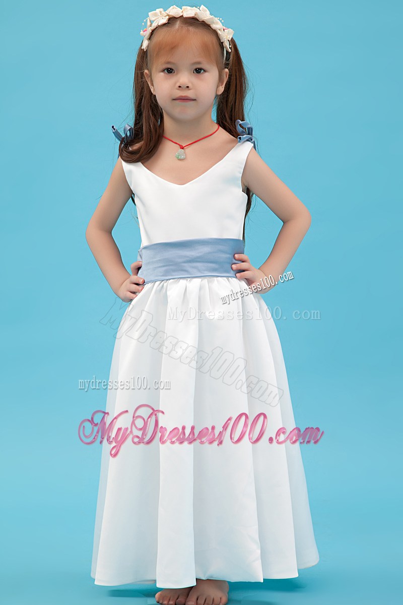 White V-neck Ankle-length Belt Flower Girl Dress