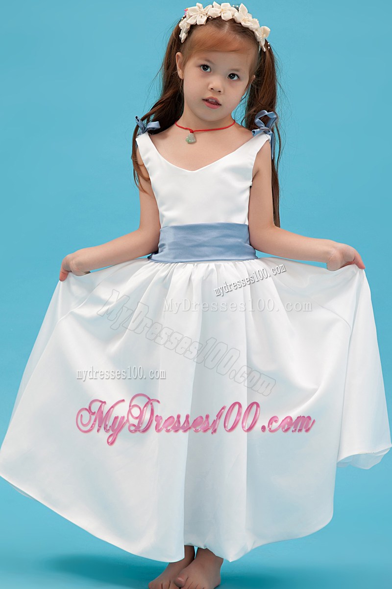 White V-neck Ankle-length Belt Flower Girl Dress