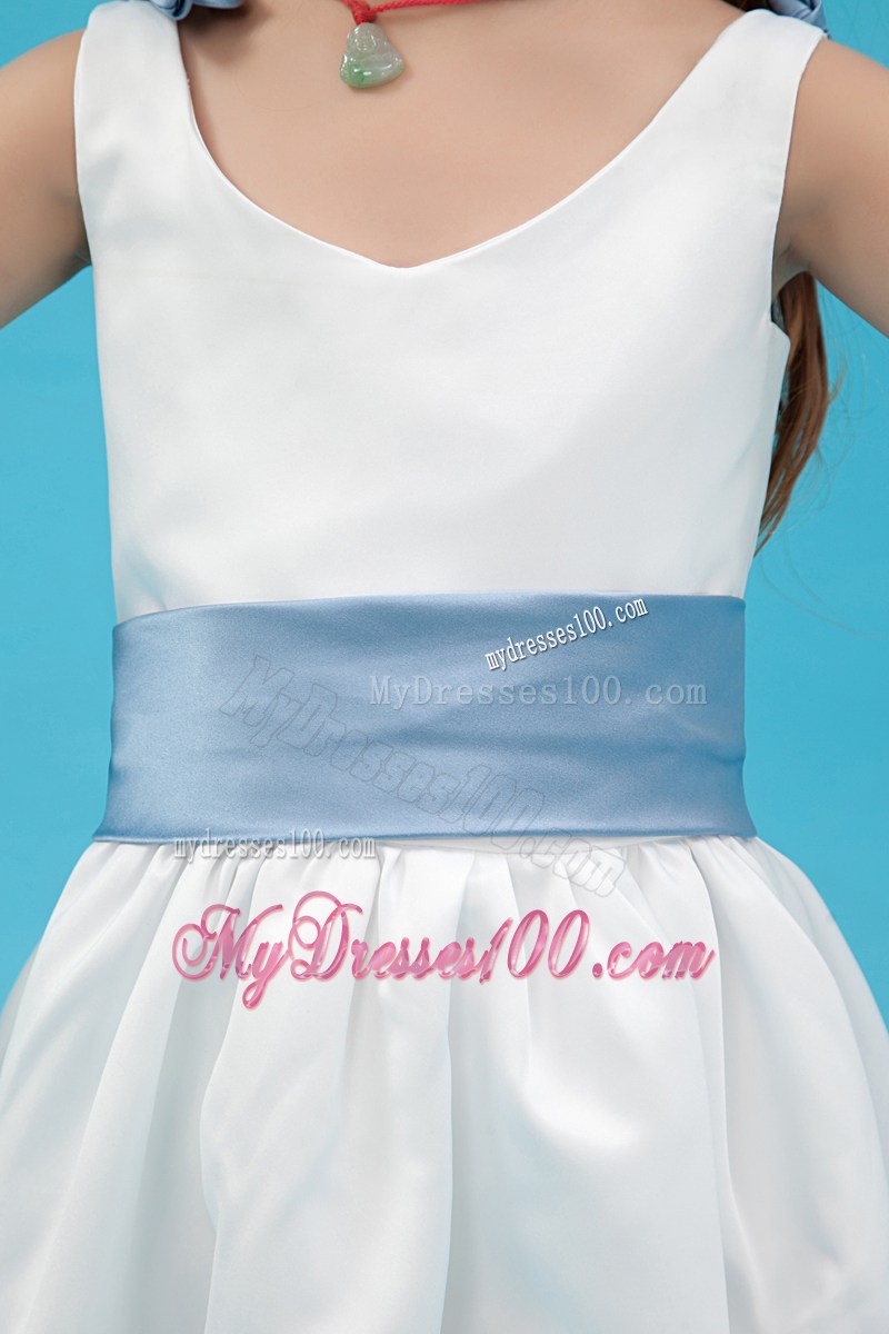 White V-neck Ankle-length Belt Flower Girl Dress