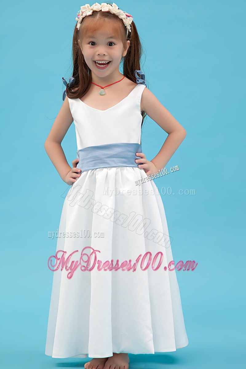 White V-neck Ankle-length Belt Flower Girl Dress