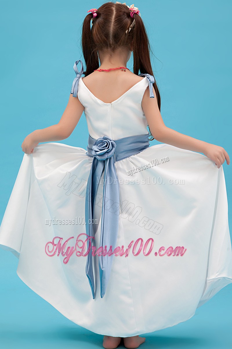 White V-neck Ankle-length Belt Flower Girl Dress