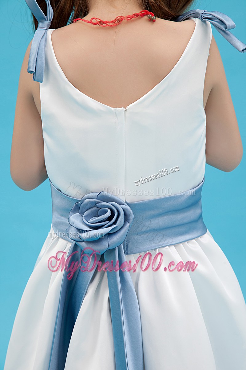 White V-neck Ankle-length Belt Flower Girl Dress