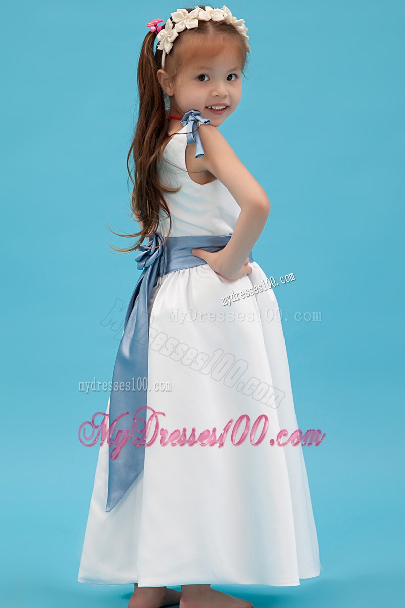 White V-neck Ankle-length Belt Flower Girl Dress