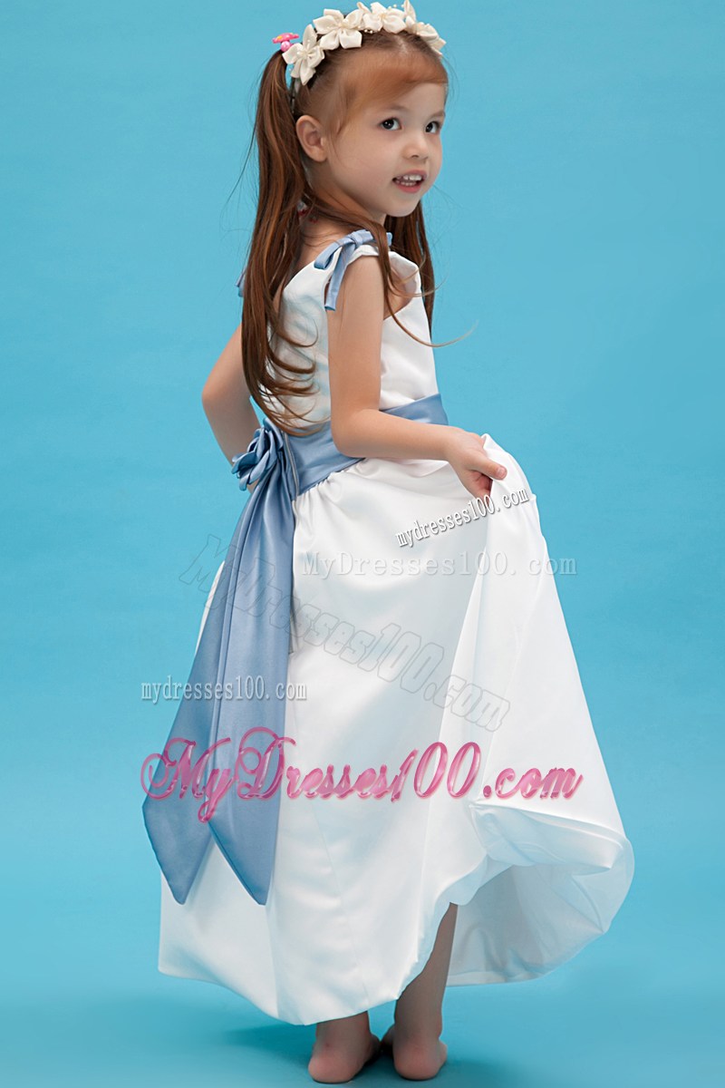 White V-neck Ankle-length Belt Flower Girl Dress