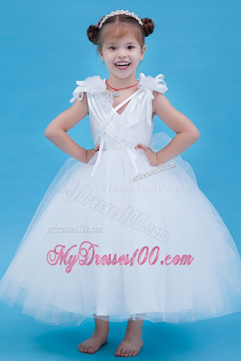 White V-neck Ankle-length Tulle Hand Made Flowers Flower Girl Dress
