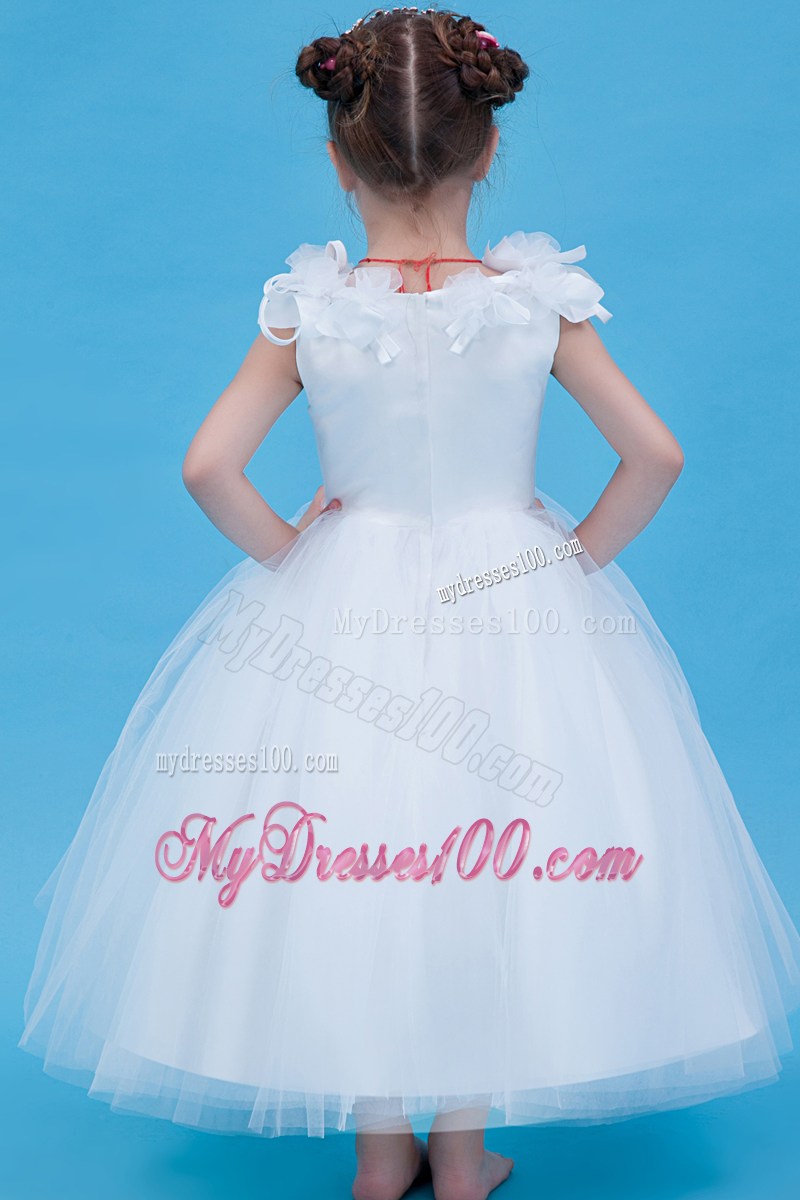 White V-neck Ankle-length Tulle Hand Made Flowers Flower Girl Dress