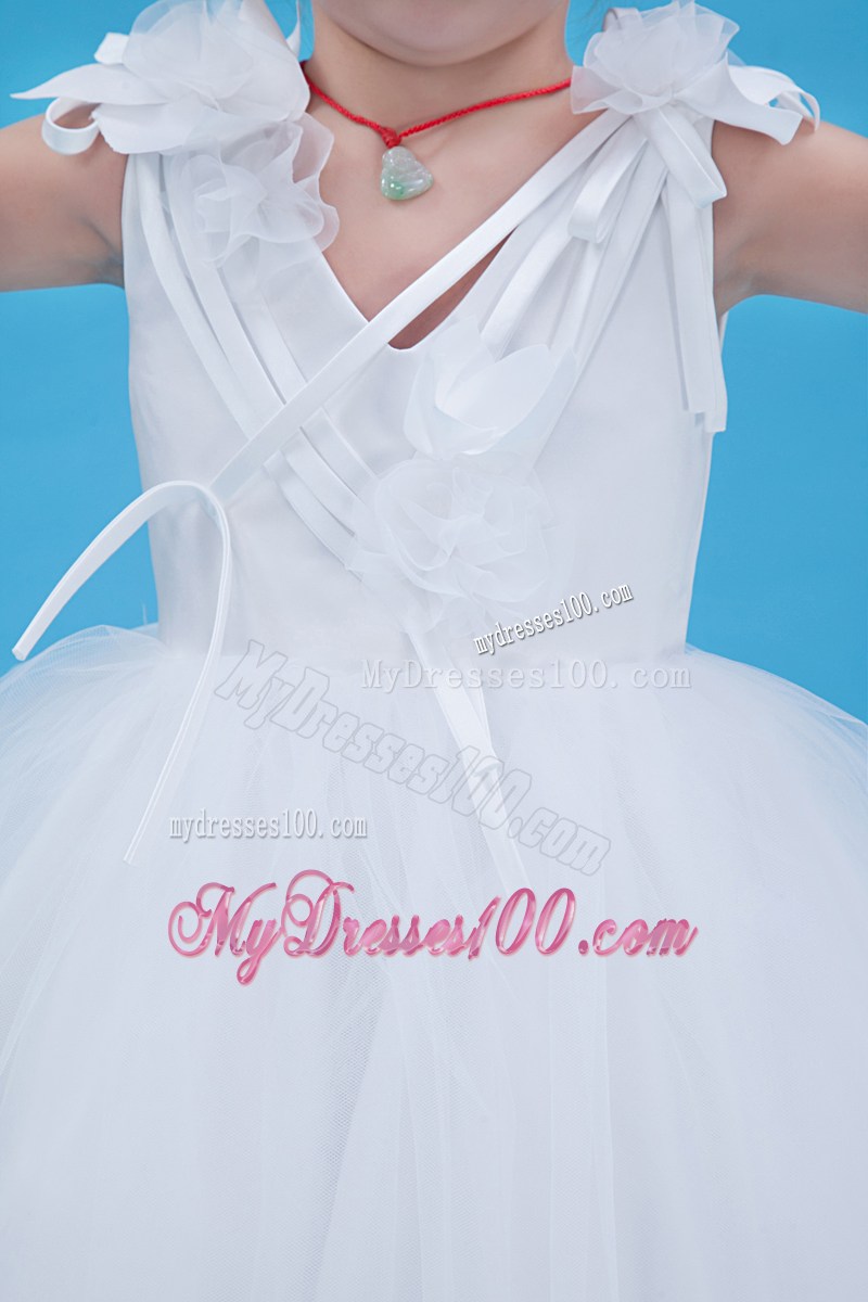 White V-neck Ankle-length Tulle Hand Made Flowers Flower Girl Dress