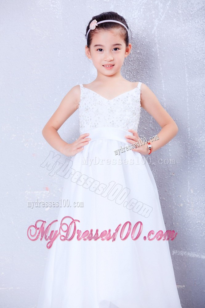 White V-neck Floor-length Beading Flower Girl Dress