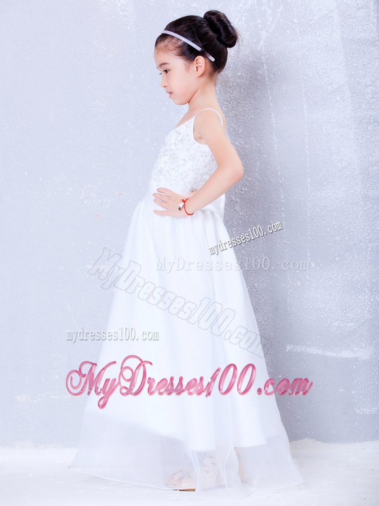 White V-neck Floor-length Beading Flower Girl Dress