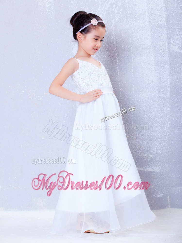 White V-neck Floor-length Beading Flower Girl Dress