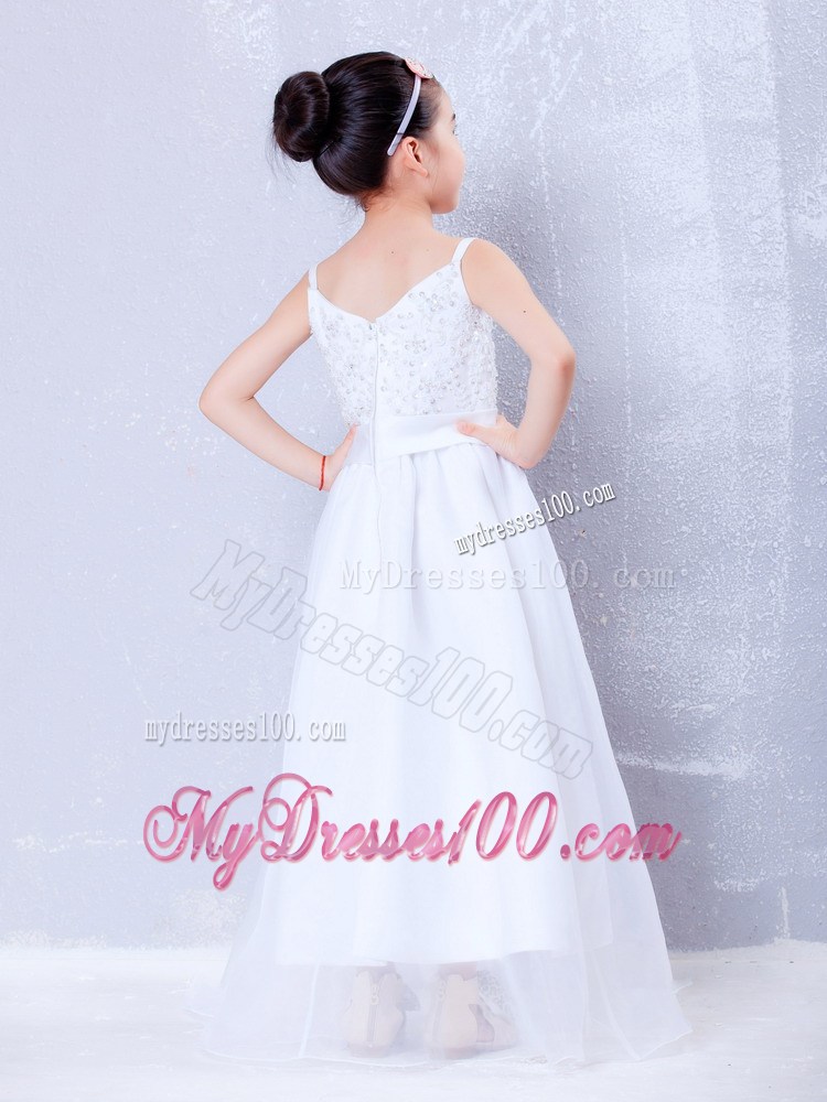 White V-neck Floor-length Beading Flower Girl Dress