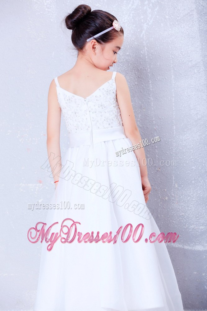 White V-neck Floor-length Beading Flower Girl Dress
