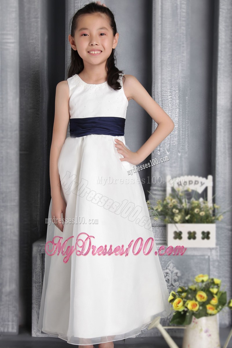White Column Sheath Scoop Ankle-length Bow Flower Girl Dress