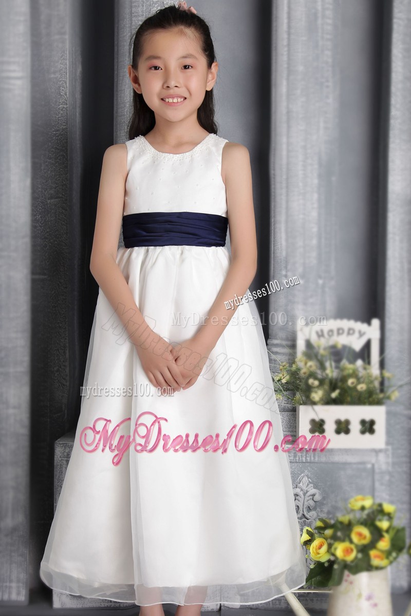 White Column Sheath Scoop Ankle-length Bow Flower Girl Dress