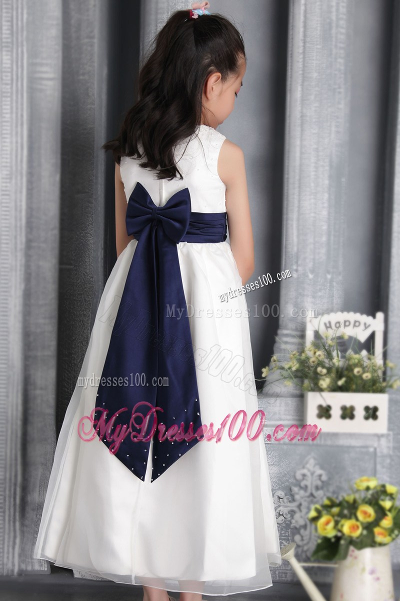 White Column Sheath Scoop Ankle-length Bow Flower Girl Dress