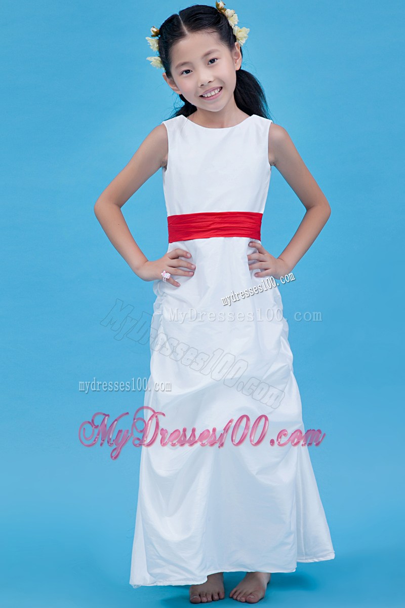 White Column Scoop Ankle-length Belt Flower Girl Dress