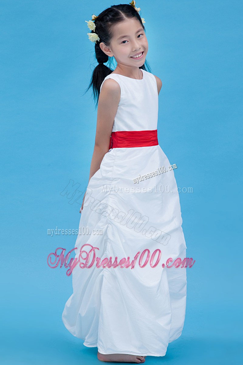 White Column Scoop Ankle-length Belt Flower Girl Dress