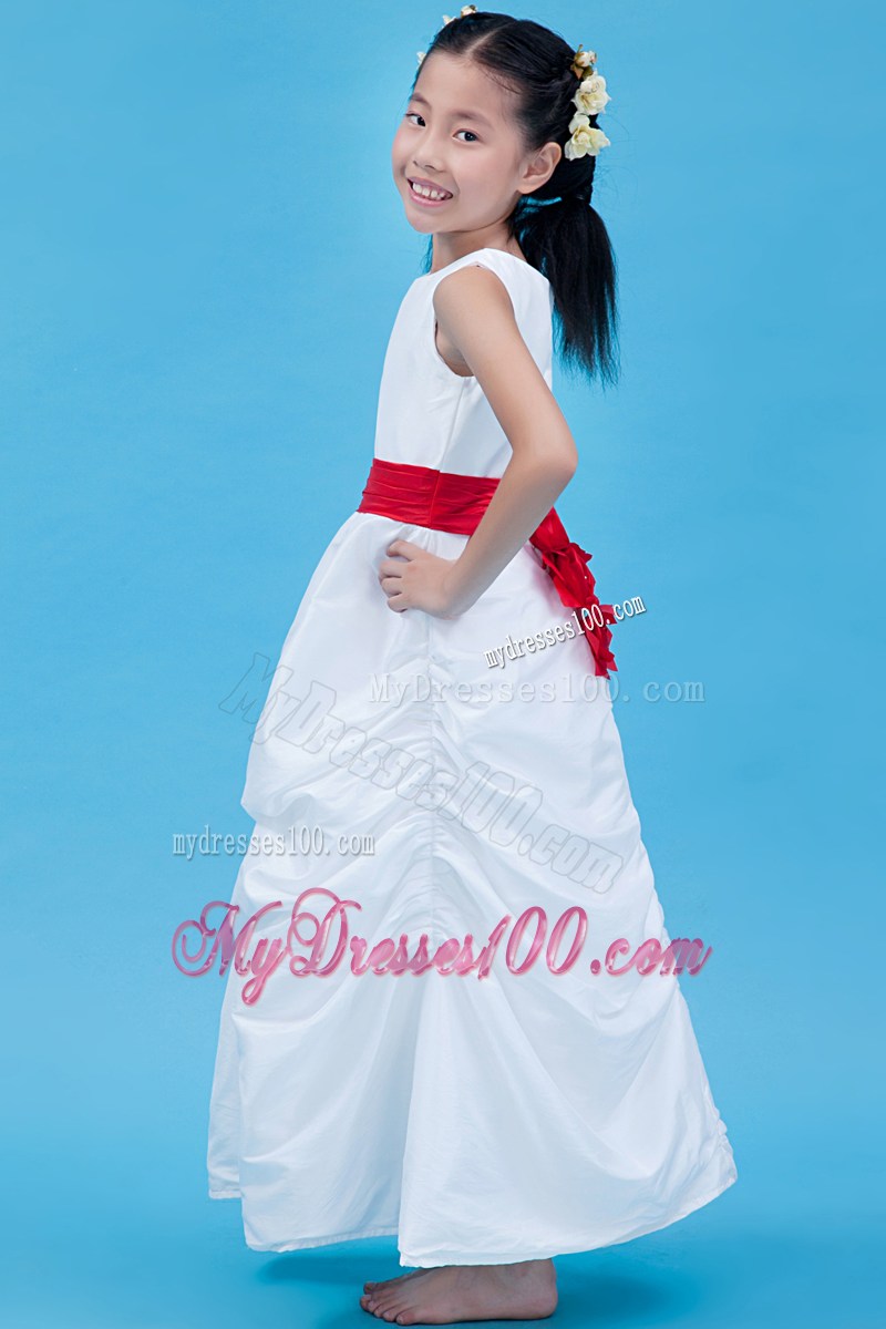 White Column Scoop Ankle-length Belt Flower Girl Dress
